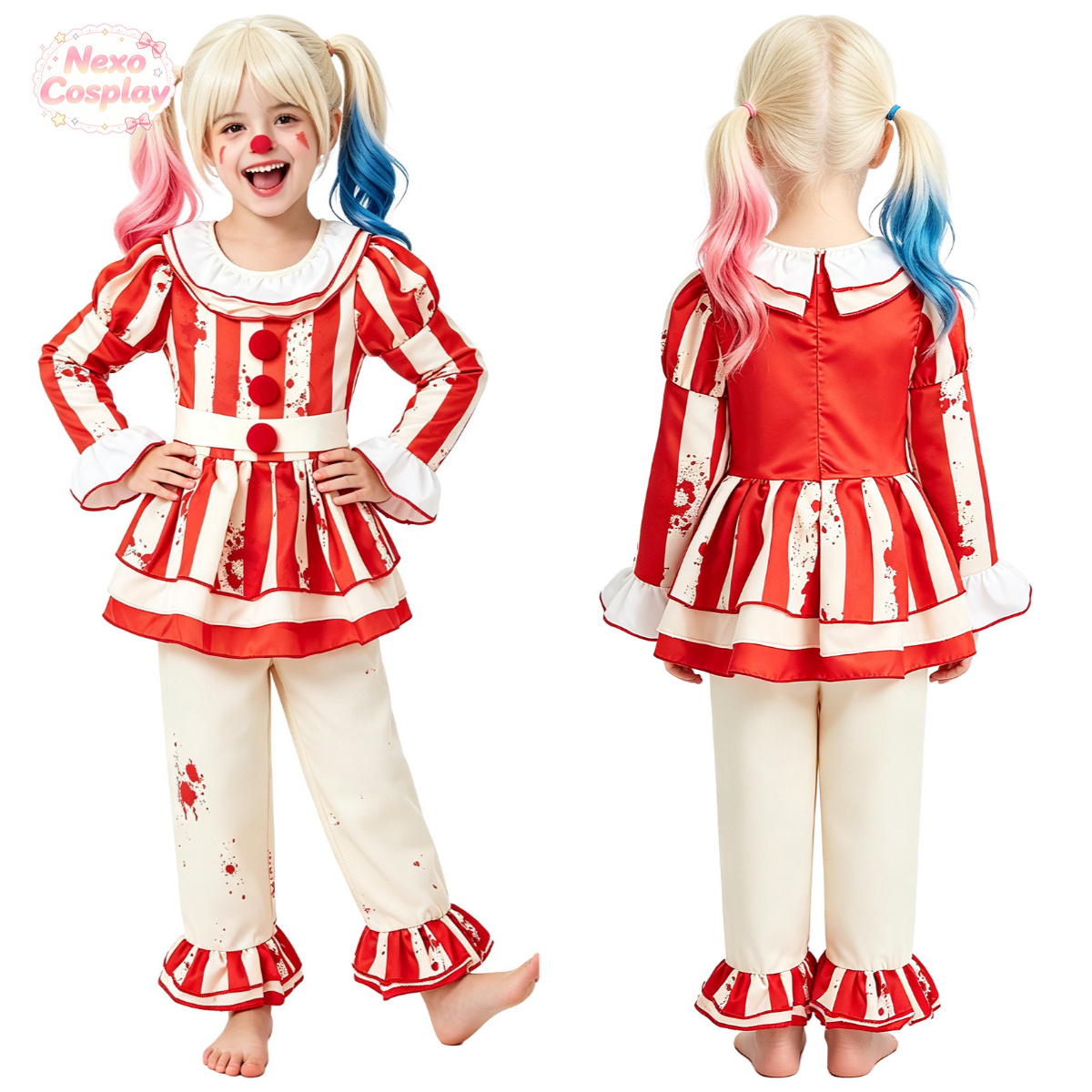 Kids Cosplay Anime - Costume de Clown d'Horreur Rayé Rouge